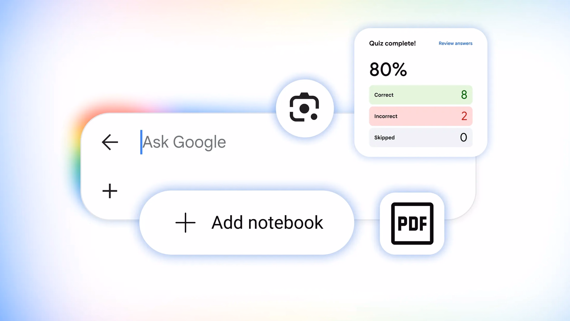 Google lança simulado gratuito do enem no gemini e na busca Interface do modo ia da busca mostra opções para adicionar um caderno e um pdf e consultar o resultado de um teste
