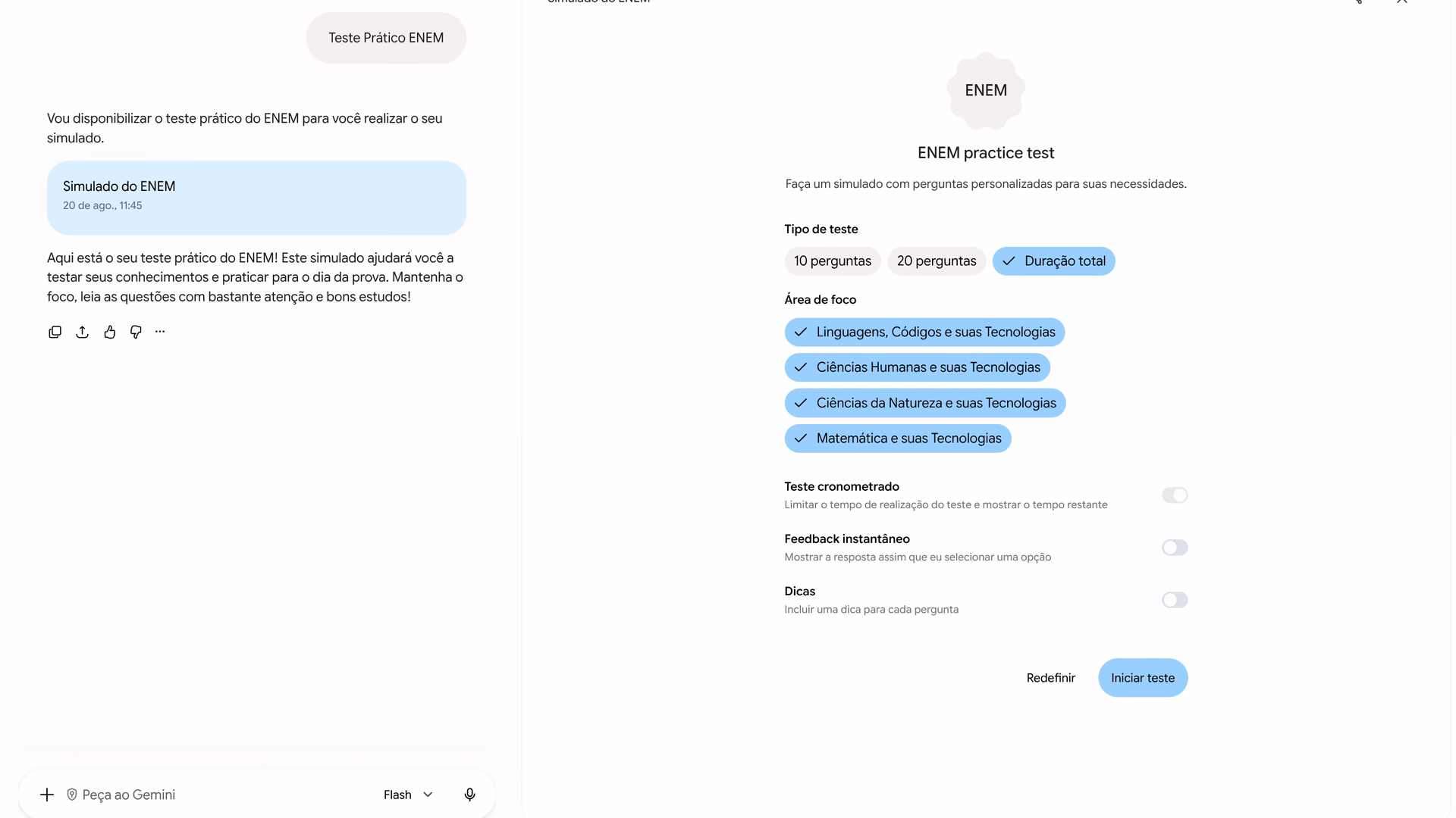 Google lança simulado gratuito do enem no gemini e na busca Telas do gemini mostram a criação e as opções de um simulado personalizado do enem