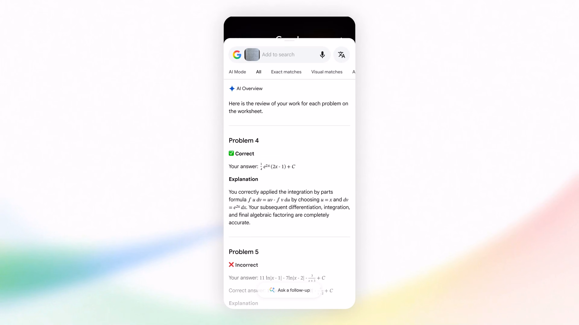 Google lança simulado gratuito do enem no gemini e na busca Tela do google lens marca uma resposta correta e outra incorreta em uma lista de exercícios