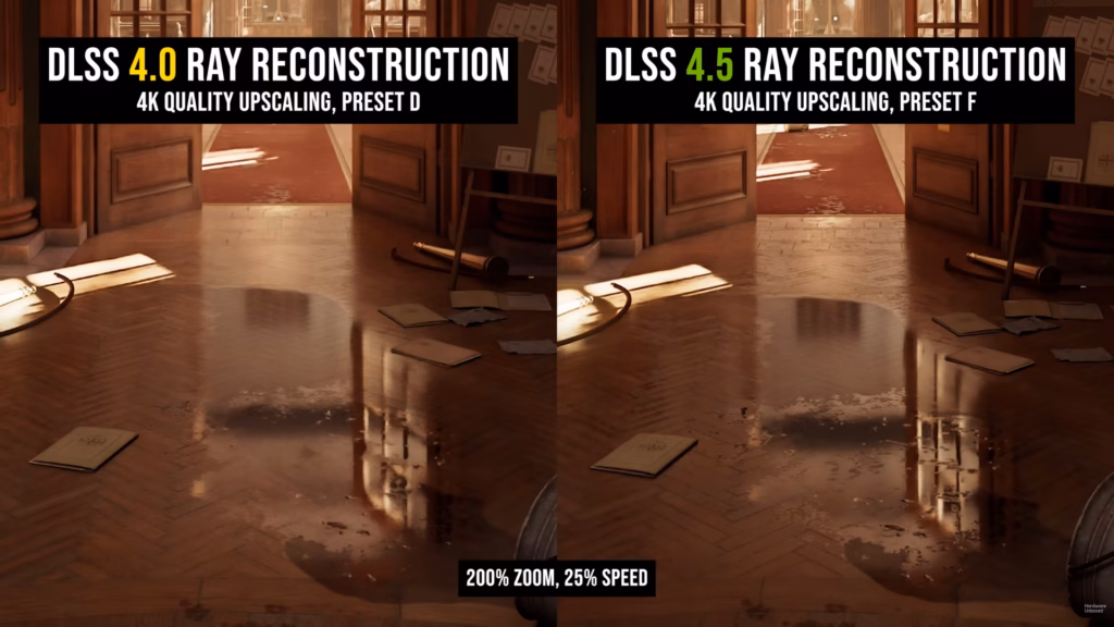 Veja os 30 jogos que já suportam o dlss 4. 5 ray reconstruction Dlss 4. 5 ray reconstruction compara os presets d e f em uma sala alagada, com imagens lado a lado em 4k a 25% da velocidade