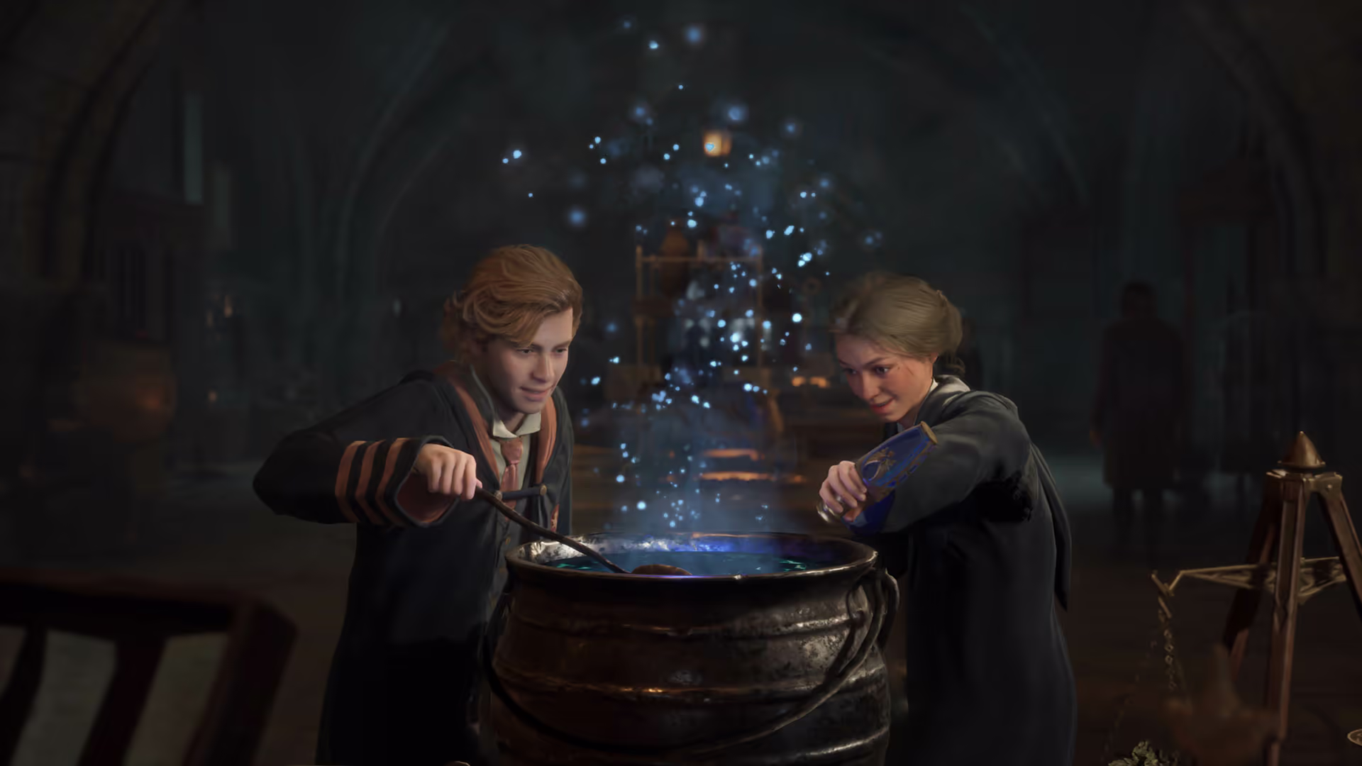 Hogwarts legacy 2 é confirmada pela warner bros. Dois estudantes preparam uma poção em um caldeirão em hogwarts legacy