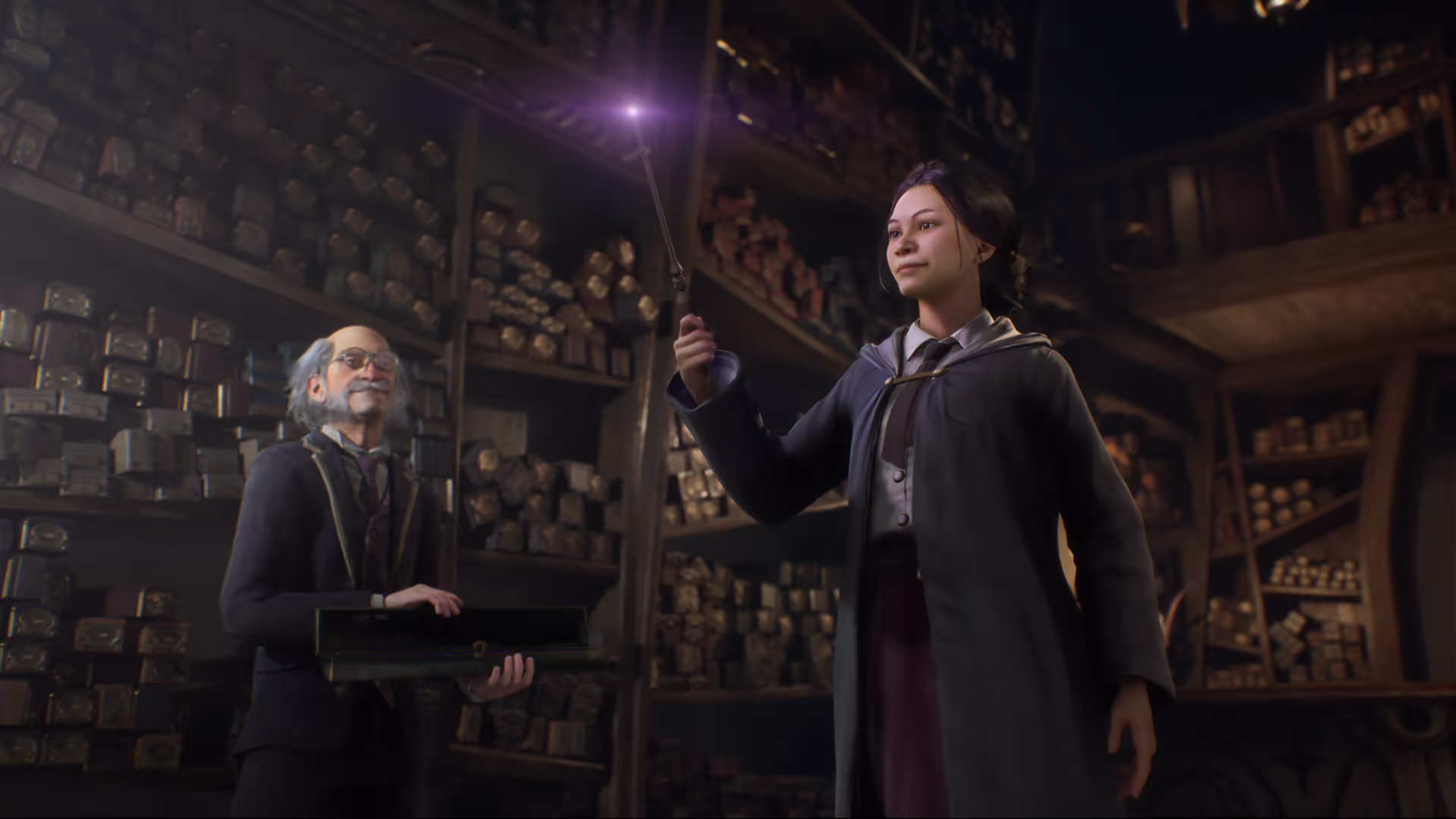 Hogwarts legacy 2 é confirmada pela warner bros. Estudante testa uma varinha diante de um vendedor em hogwarts legacy