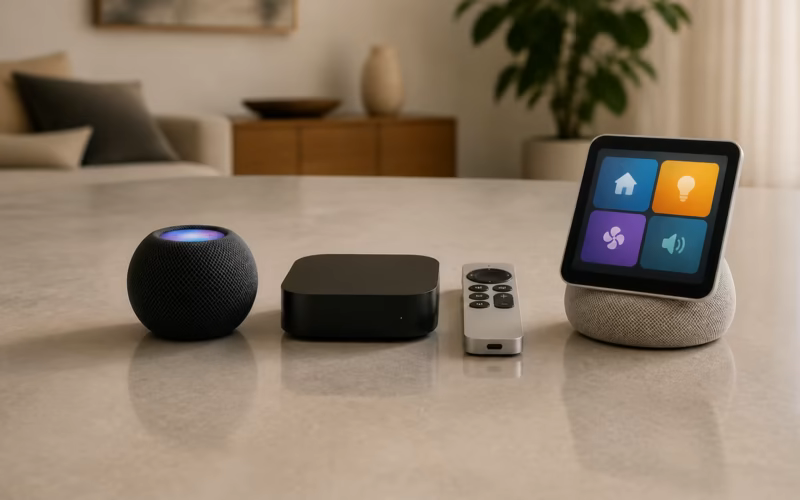 Homepod mini sem tela, apple tv 4k com siri remote e conceito da central doméstica da apple com tela sobre uma base de alto-falante.