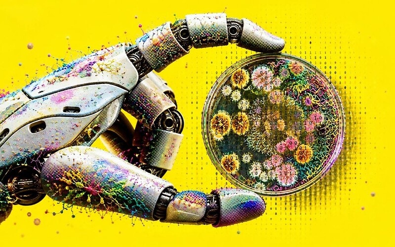 Une main robotisée tient une boîte de Petri contenant des micro-organismes et du code binaire sur un fond jaune.
