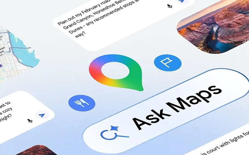 Interface do pergunte ao maps com gemini, mapa e sugestões de lugares