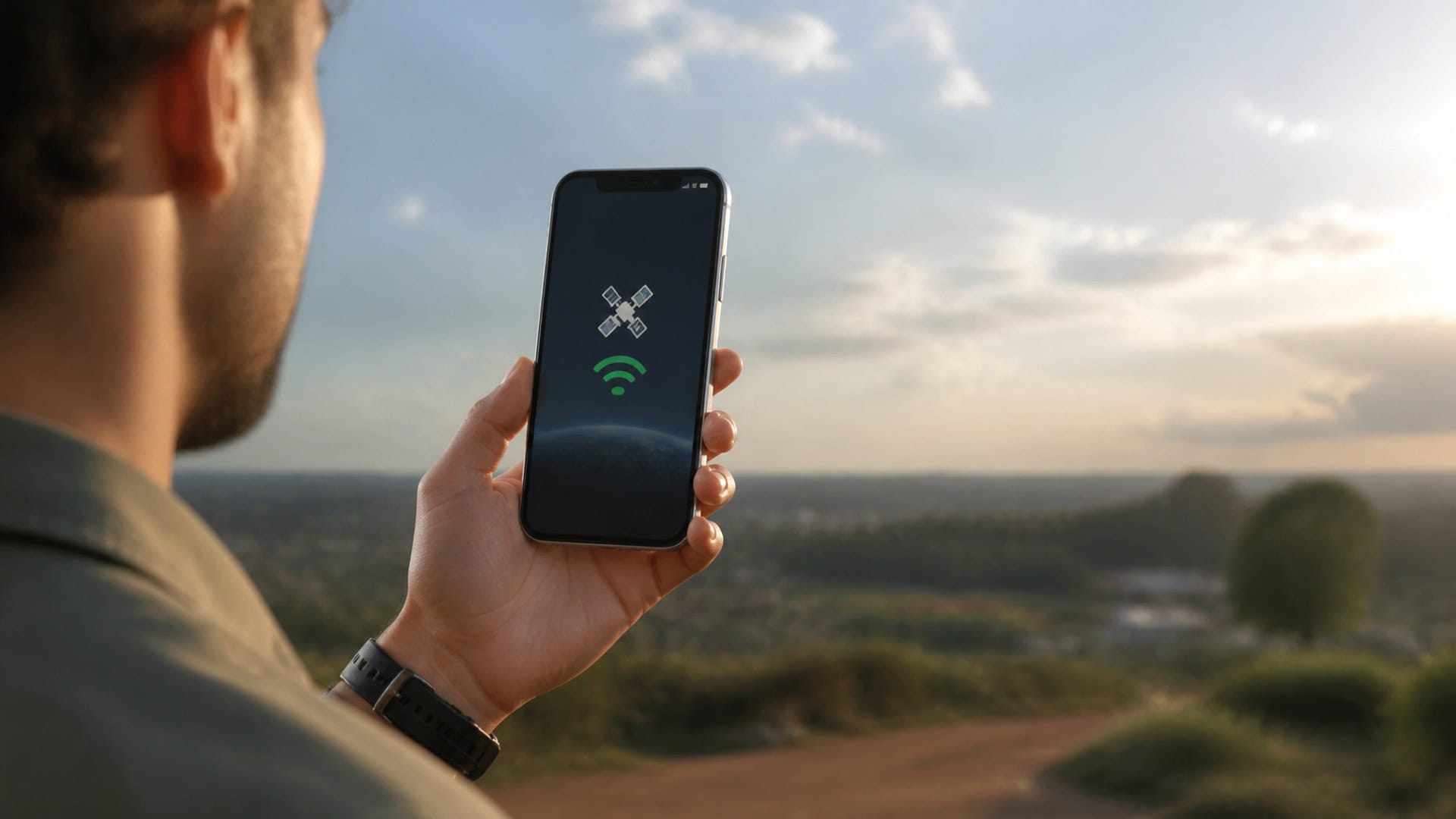 Pessoa olha para a tela de um iphone 17 pro max com indicador de sinal via satélite