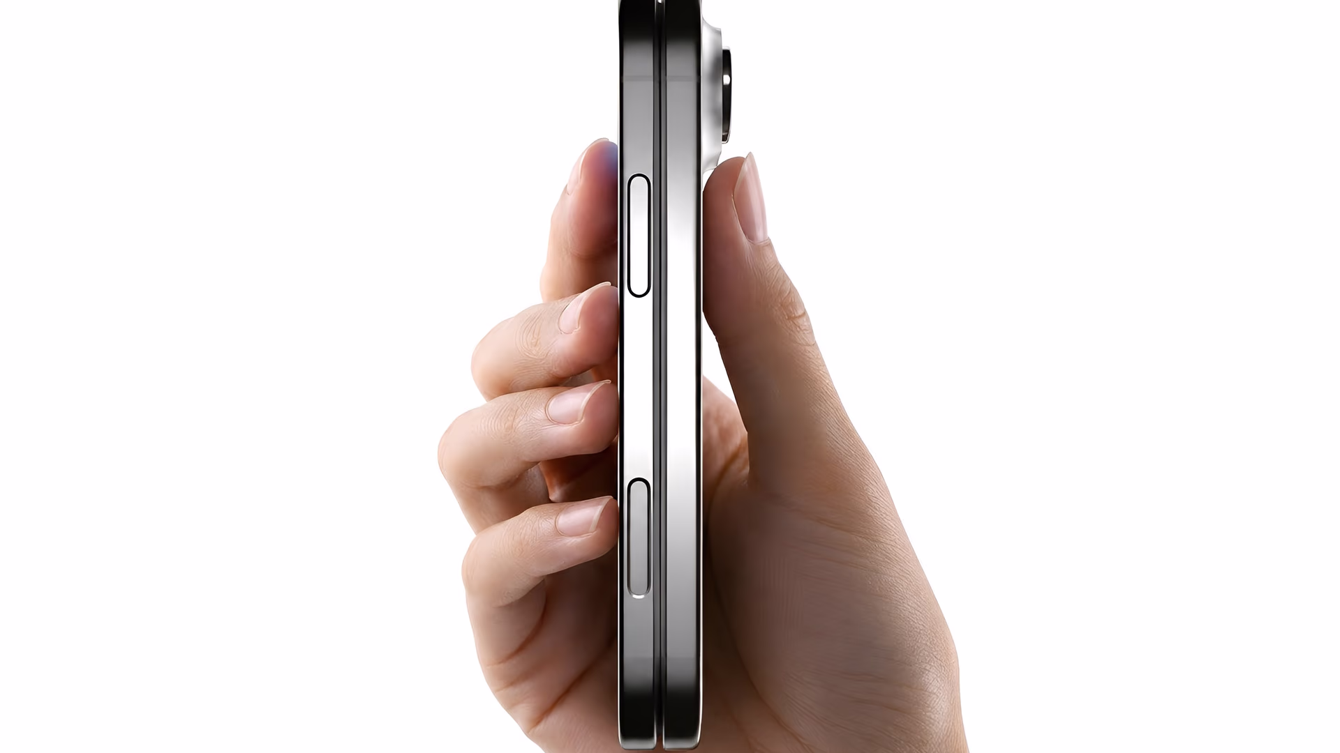 Apple deve apresentar 5 produtos em setembro; veja o que esperar Render do possível iphone ultra fechado e segurado por uma mão para ilustrar a espessura