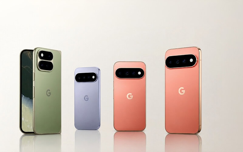 Quatro smartphones google pixel 11 nas cores verde, lilás e coral