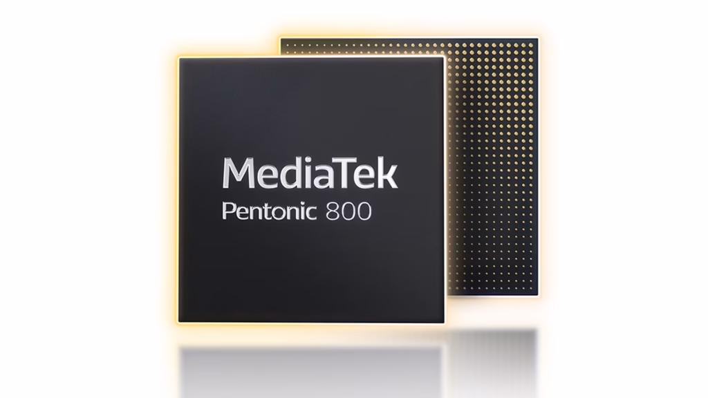 Entenda o que é dolby vision 2 Renderização comercial do chip mediatek pentonic 800 em preto com bordas iluminadas, primeiro processador anunciado para integrar o dolby vision 2.
