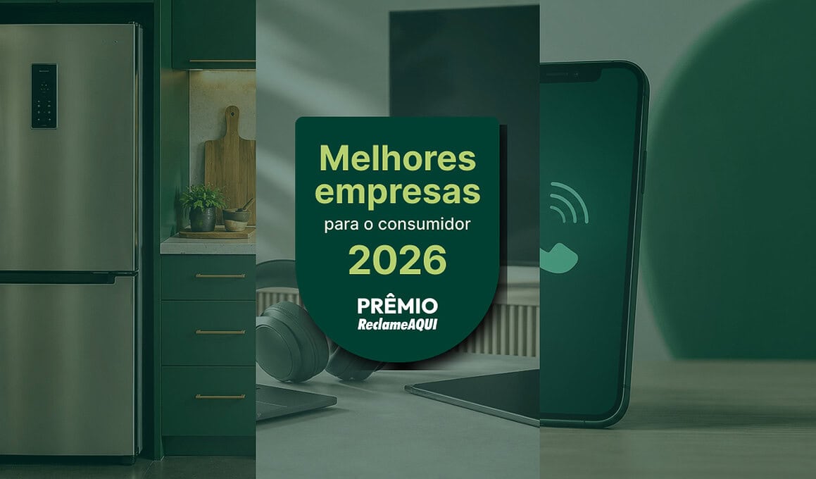 Selo “melhores empresas para o consumidor 2026” sobre imagens de eletrodomésticos, eletrônicos, celular e internet