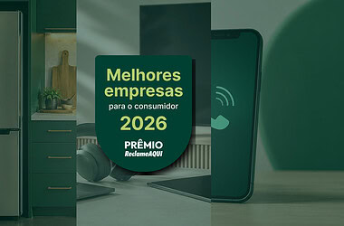 Selo “melhores empresas para o consumidor 2026” sobre imagens de eletrodomésticos, eletrônicos, celular e internet