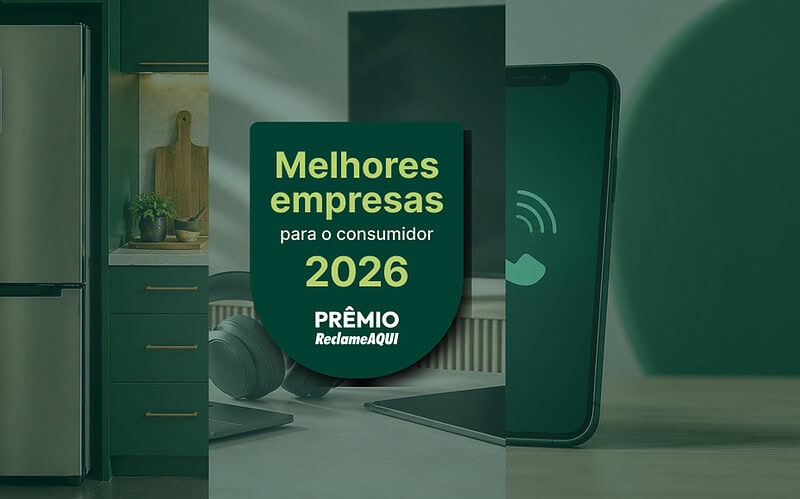 Selo “melhores empresas para o consumidor 2026” sobre imagens de eletrodomésticos, eletrônicos, celular e internet