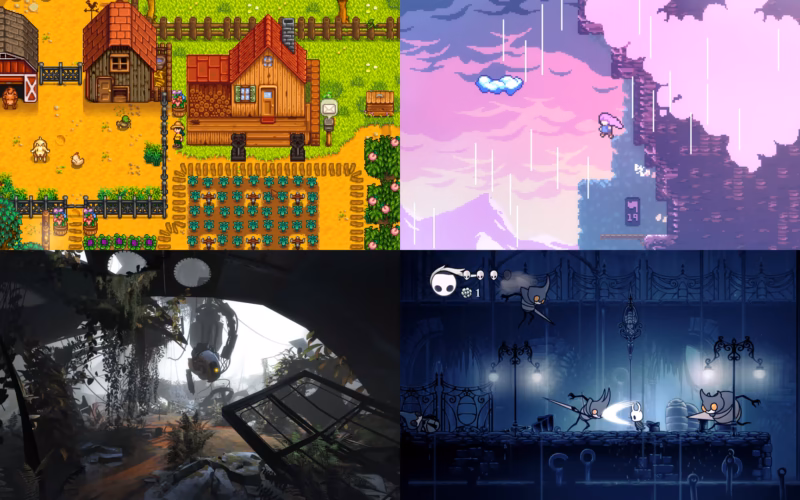 Jogos para pc fraco em capturas de stardew valley, celeste, portal 2 e hollow knight