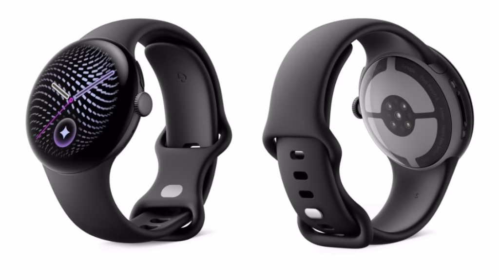 Google lança pixel watch 5 e pixel tag no made by google 2026 Pixel watch 5 mostrado de frente e de costas, com a tela, a pulseira e os sensores traseiros visíveis.