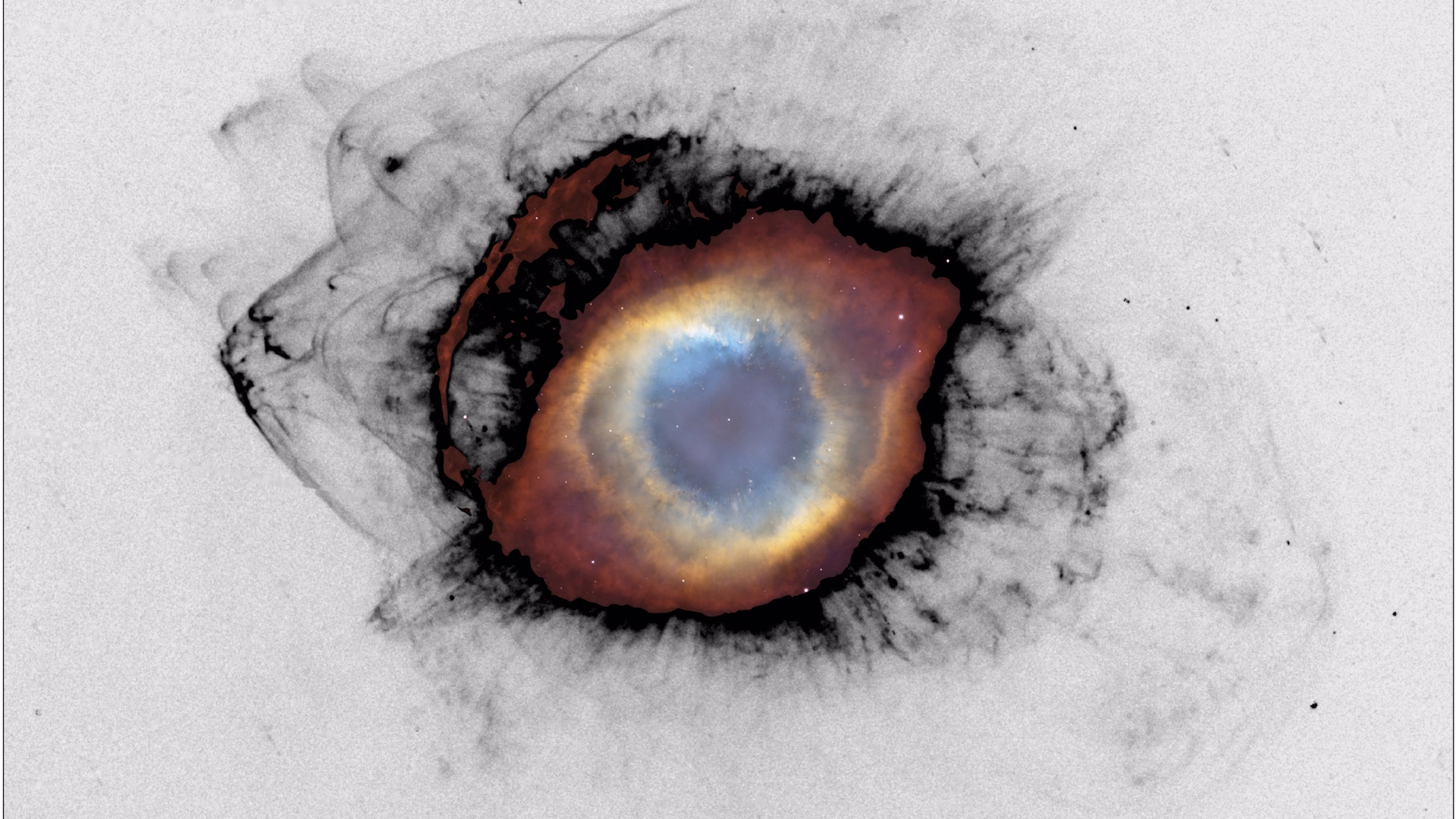 Morte do sol: nebulosa revela pistas de como será seu fim Imagem composta mostra choques em arco e filamentos ao redor da nebulosa da hélice.