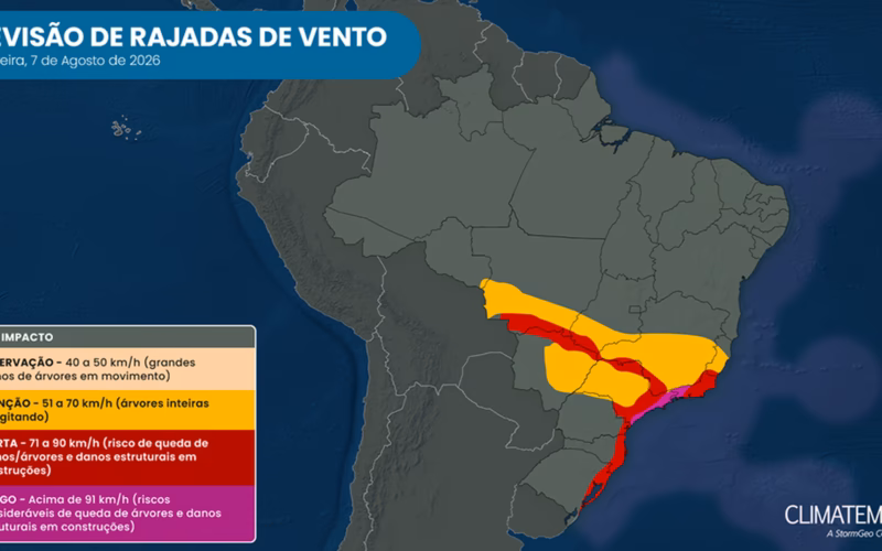 Mapa da previsão de rajadas de vento para sexta-feira, 7 de agosto de 2026