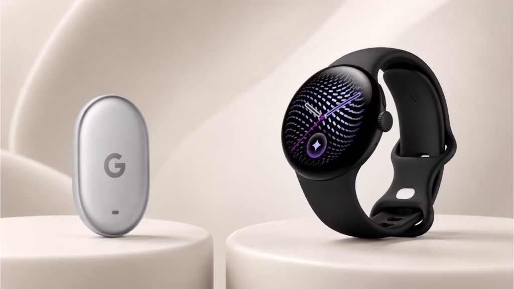 Google lança pixel watch 5 e pixel tag no made by google 2026 Pixel tag prateado e pixel watch 5 preto aparecem sobre bases claras, lado a lado.