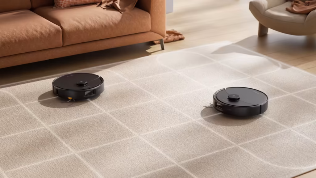 Roborock qrevo 2 pro chega ao brasil com foco em carpetes e pelos de pets Dois robôs roborock aparecem sobre um tapete com linhas de mapeamento
