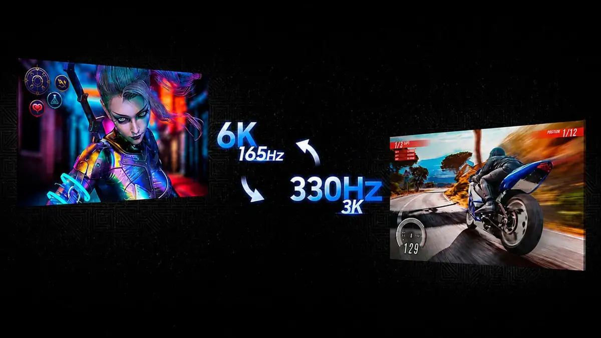Imagem oficial do dual mode do odyssey g8 6k com 6k a 165 hz e 3k a 330 hz.