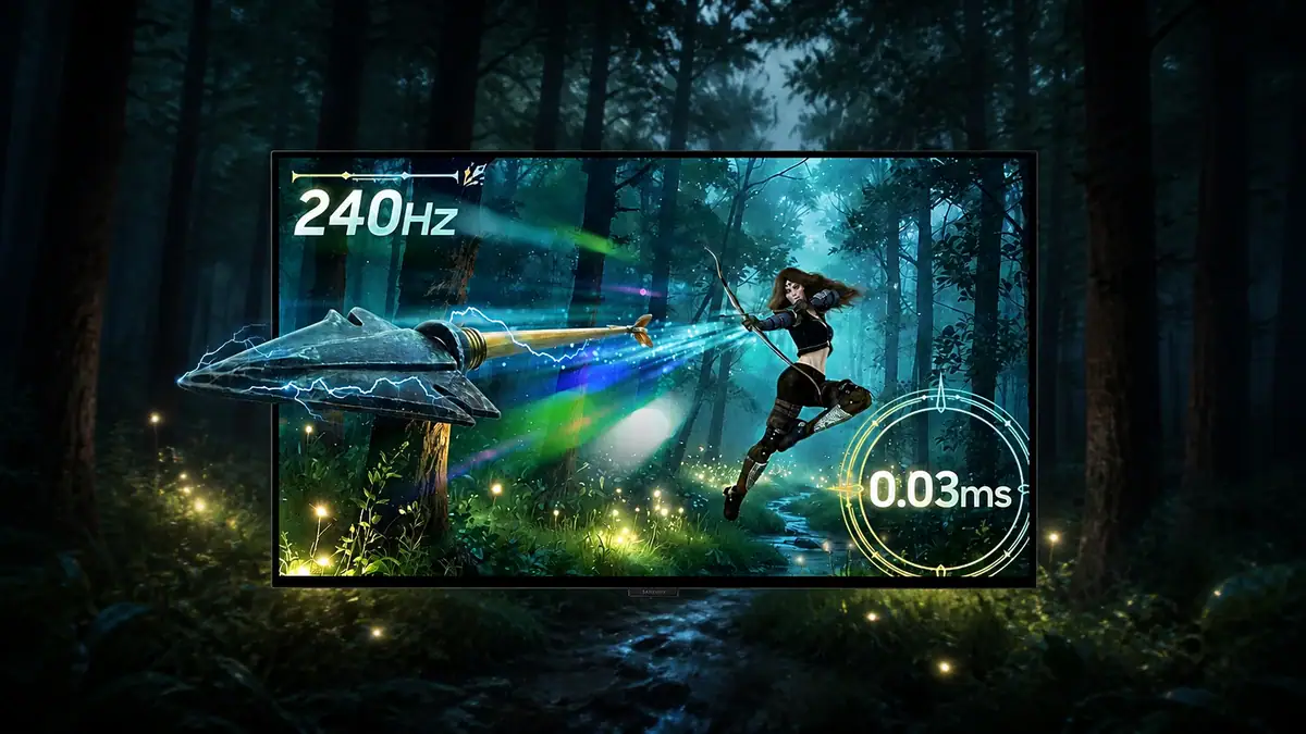 Imagem oficial do odyssey oled g8 com indicação de 240 hz e 0,03 ms.