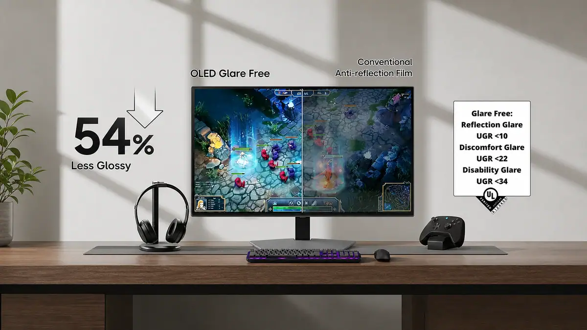 Comparação oficial do odyssey oled g8 com o tratamento glare free.