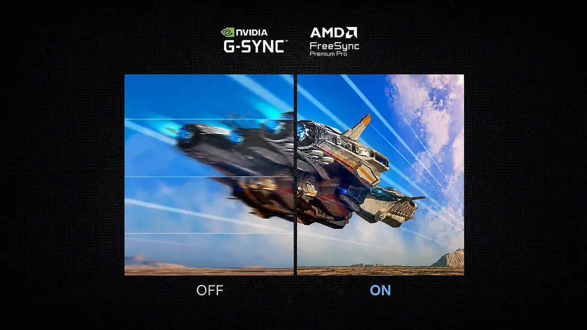 Comparação oficial do odyssey oled g8 com sincronização adaptativa ligada e desligada.
