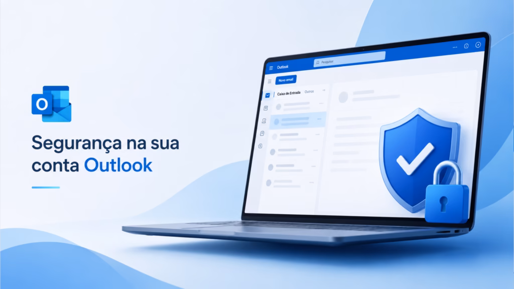 Como criar uma conta de e-mail do outlook Ilustração gerada por ia de um notebook com a caixa de entrada do outlook, escudo azul com marca de verificação e cadeado, usada para ilustrar como criar uma conta outlook com segurança.