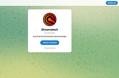 Página do canal showmetech no telegram com botão para abrir no aplicativo