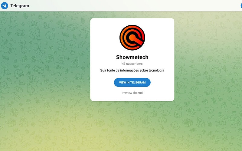 Página do canal showmetech no telegram com botão para abrir no aplicativo