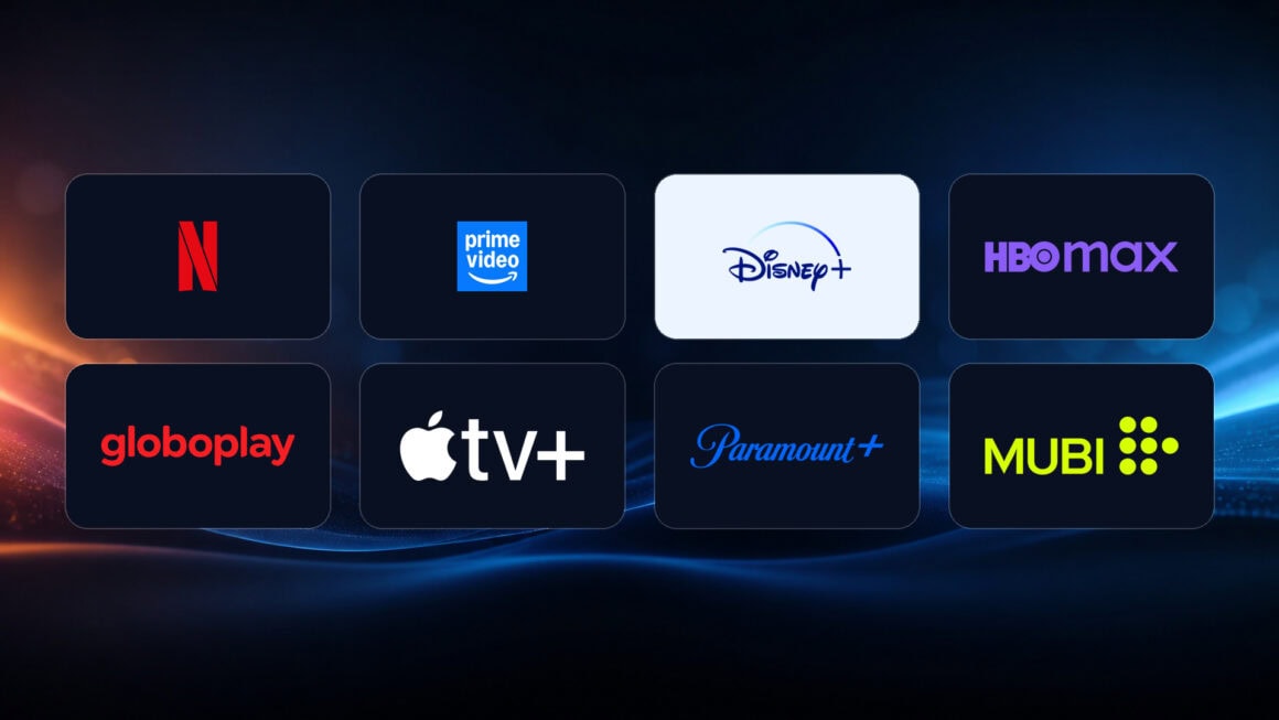 Logotipos coloridos de netflix, prime video, disney+, hbo max, globoplay, apple tv+, paramount+ e mubi