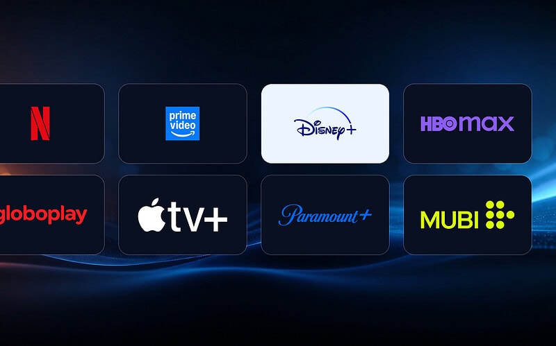 Logotipos coloridos de netflix, prime video, disney+, hbo max, globoplay, apple tv+, paramount+ e mubi