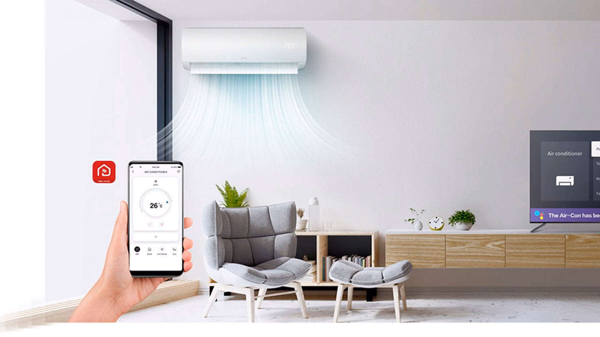 Tcl multi-split climatiza até 5 ambientes com uma condensadora Ar-condicionado tcl controlado pelo aplicativo tcl home em um smartphone