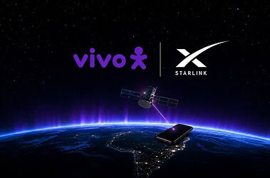 Logotipos da vivo e da starlink sobre satélite conectado a um smartphone acima do mapa do brasil