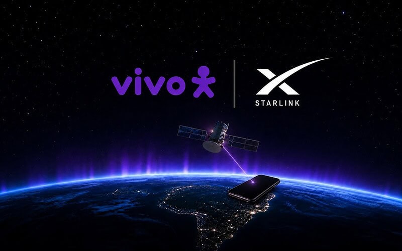 Logotipos da vivo e da starlink sobre satélite conectado a um smartphone acima do mapa do brasil