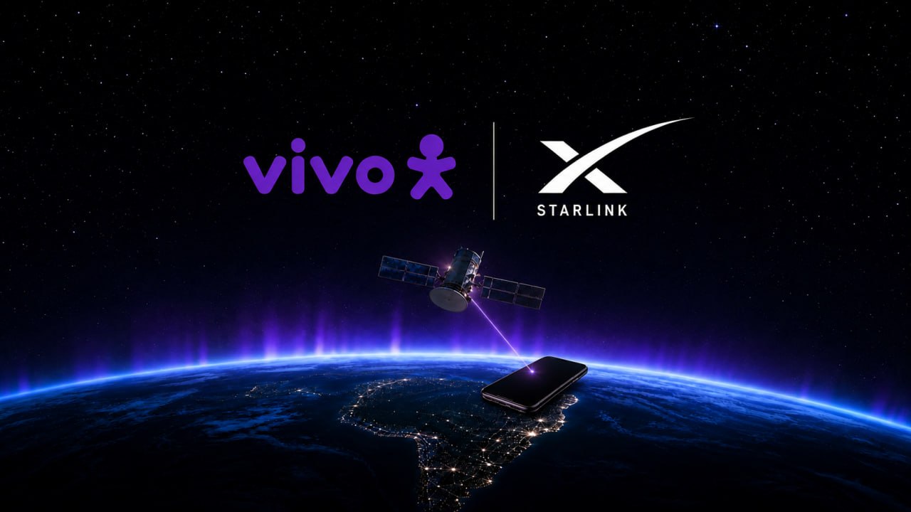 Logotipos da vivo e da starlink sobre satélite conectado a um smartphone acima do mapa do brasil