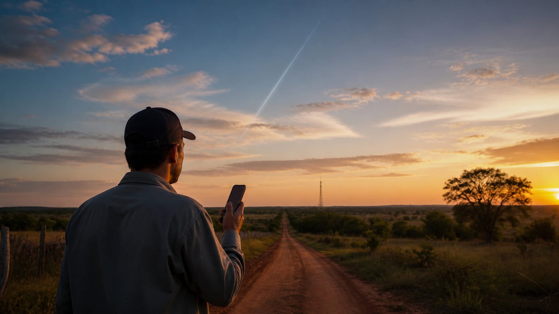 Pessoa usa celular em estrada rural distante de centros urbanos