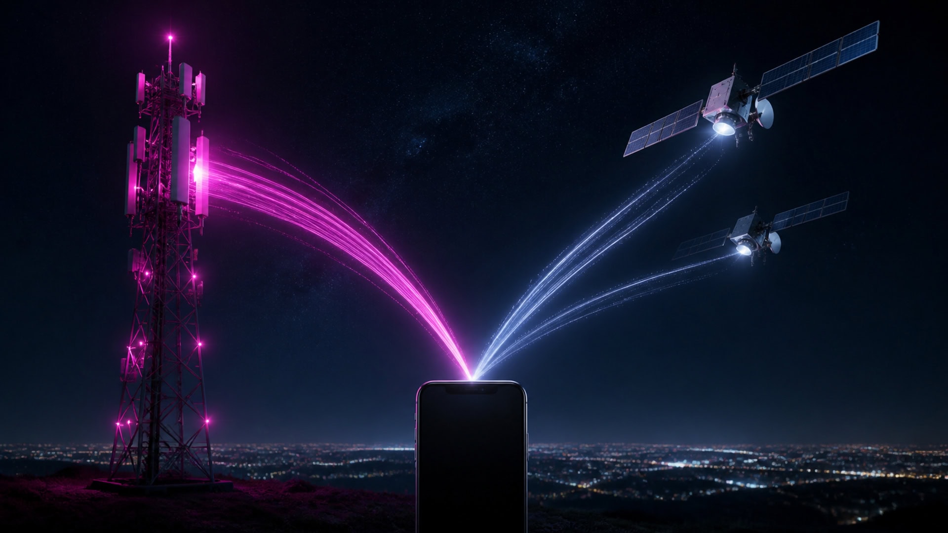 Torre de telefonia, satélites e celular ligados por sinais de comunicação