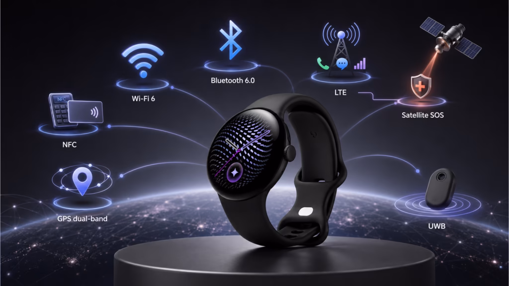 Google lança pixel watch 5 e pixel tag no made by google 2026 Pixel watch 5 preto cercado por símbolos de wi-fi, bluetooth, lte, nfc, gps, uwb e sos via satélite.