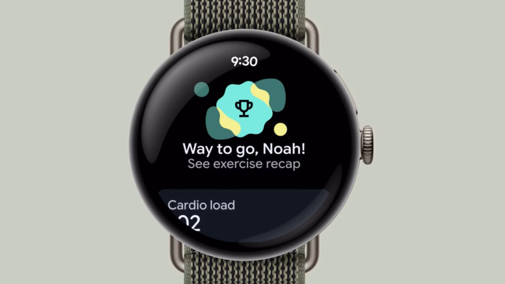 Google lança pixel watch 5 e pixel tag no made by google 2026 Pixel watch 5 com pulseira verde exibe mensagem de conclusão de exercício e resumo da atividade.