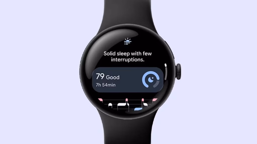 Google lança pixel watch 5 e pixel tag no made by google 2026 Pixel watch 5 mostra avaliação de sono com nota 79, duração de 7 horas e 54 minutos e gráfico noturno.