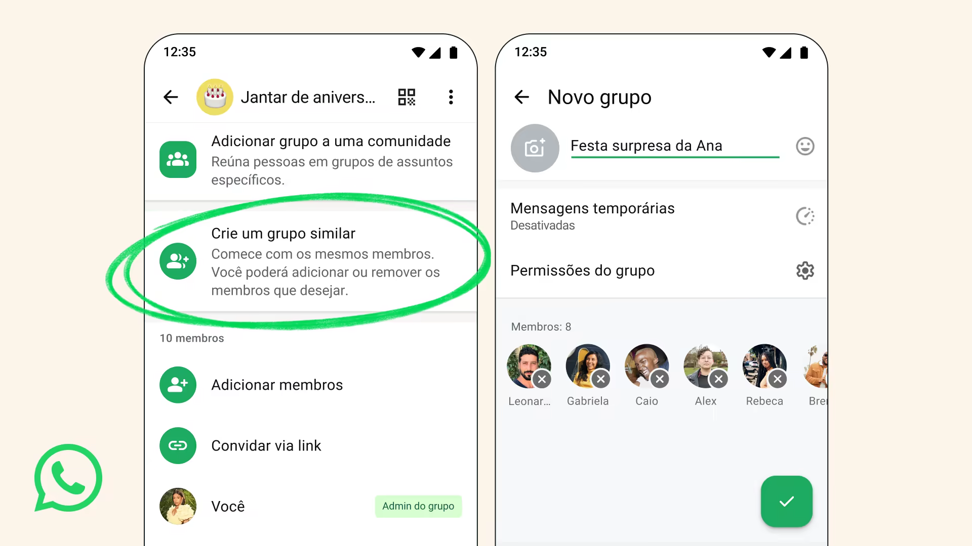 Whatsapp ganha @todos e enquetes com votos anônimos; veja novidades Telas do whatsapp mostrando a opção crie um grupo similar e a seleção dos participantes