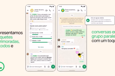 Interface do whatsapp mostrando enquete aprimorada, menção @todos e criação de grupo similar