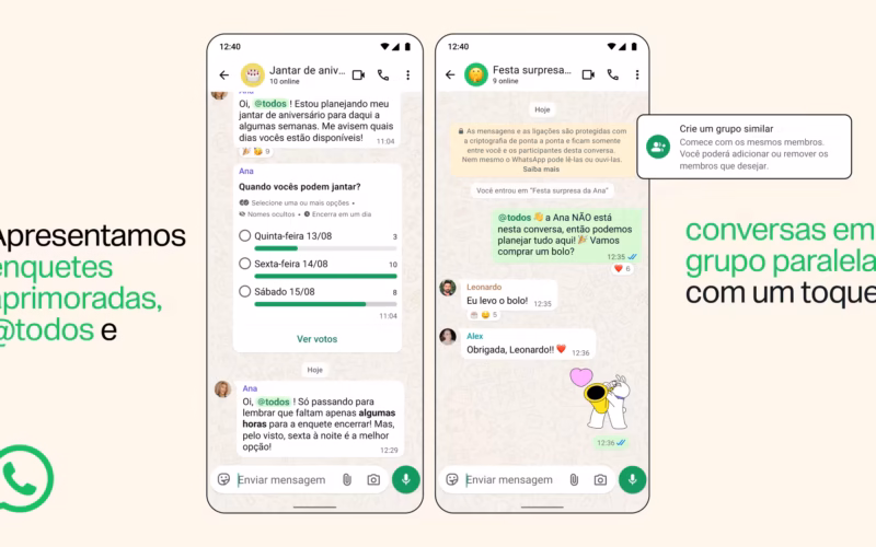 Interface do whatsapp mostrando enquete aprimorada, menção @todos e criação de grupo similar