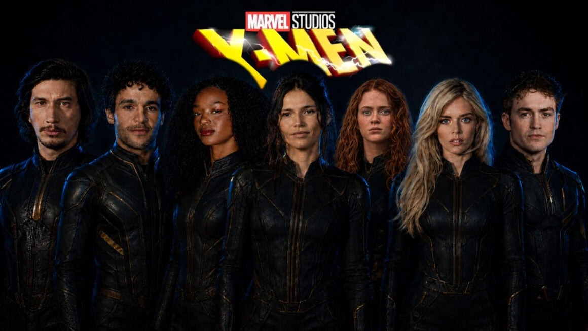 Sete integrantes do novo elenco de x-men no mcu diante do logo da marvel studios