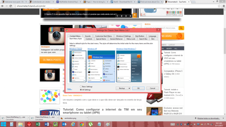 Configurações do classic shell