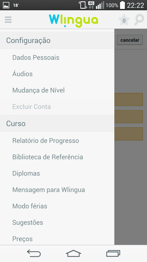 Apprendre l'anglais avec l'application wlingua Menu des options de l'application