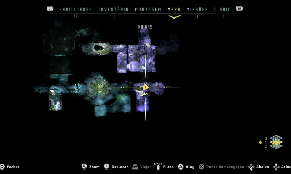Screenshot do jogo. Bateria nas ruínas onde aloy caiu quando criança. Screenshot do jogo. Bateria nas ruínas onde aloy caiu quando criança.