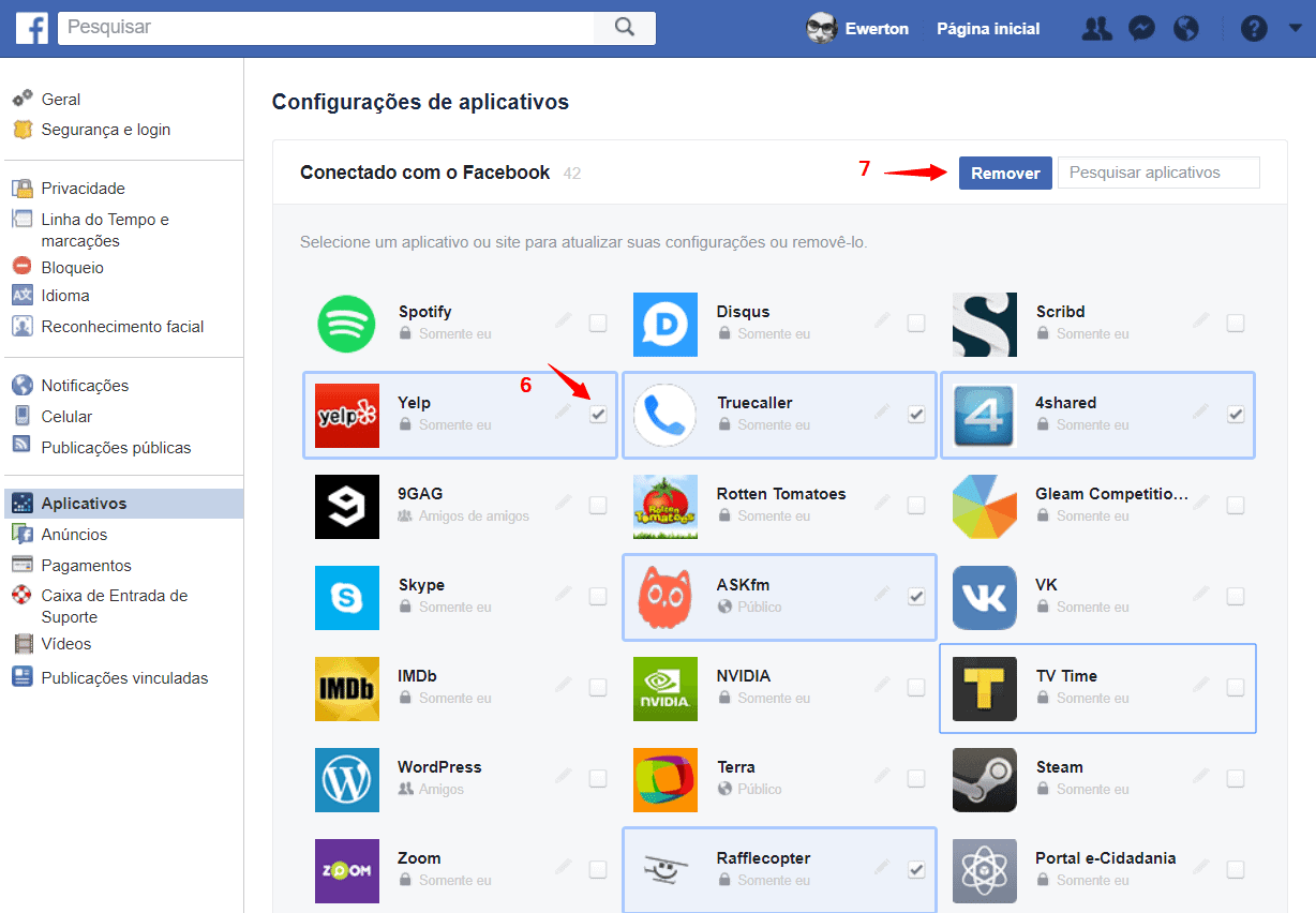 Como excluir os aplicativos e sites permitidos em sua conta do facebook Como excluir os aplicativos e sites permitidos em sua conta do facebook. Talvez por consequência do recente escândalo de dados, o facebook liberou esta semana a função de selecionar e excluir todos os aplicativos ou sites que têm algum vínculo com sua conta.