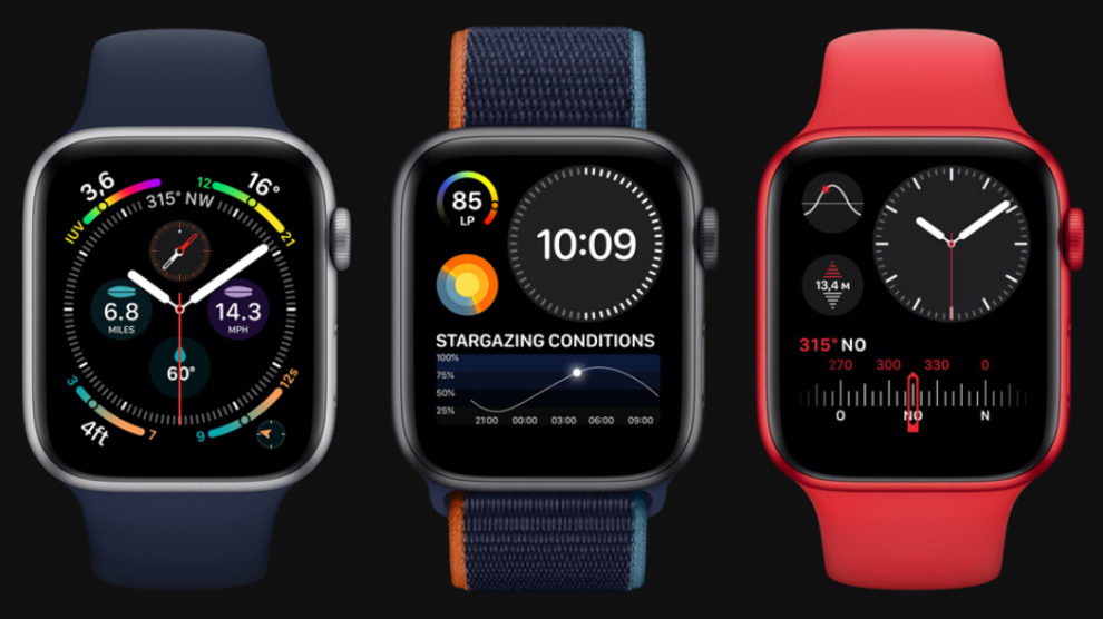 Review: apple watch series 6 segue evoluindo e conquistando Três apple watches enfileirados, cada um com um mostrador personalizado com complicações de apps da app store. O primeiro, mostrador infográfico com complicações do waterspeed e dawn patrol. O segundo, modular compacto com solarwatch e night sky. O terceiro, também modular compacto com complicações do app bússola, da apple.