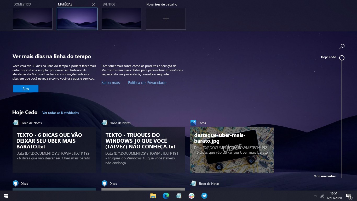 17 truques do windows 10 que você precisa conhecer Print da linha do tempo com áreas de trabalho virtuais, um dos truques do windows 10